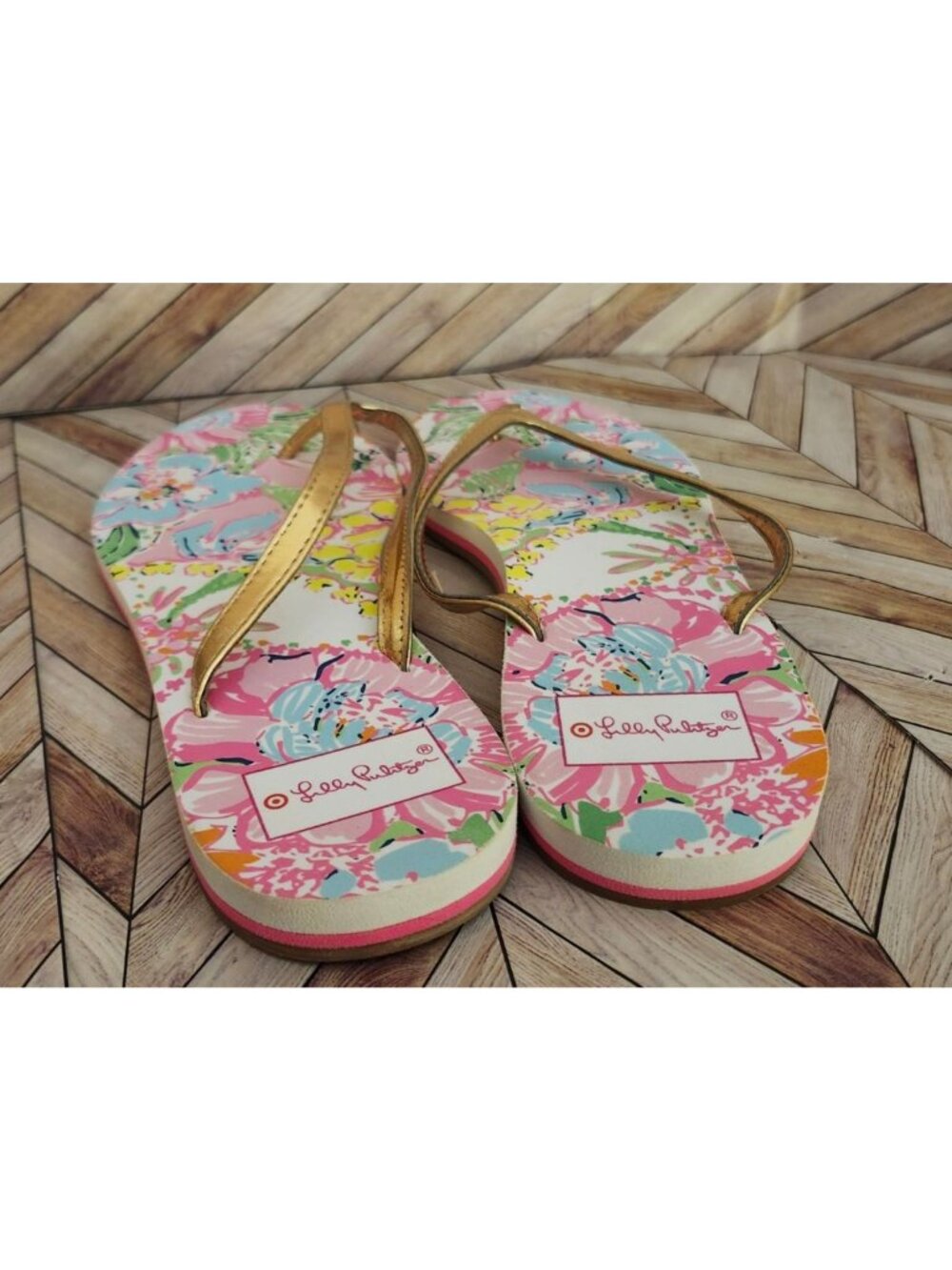 Women Lilly Pulitzer For Target Nosy Posy Gold Flip Flop Sandal Shoe Size 9 - Picture 3 of 4